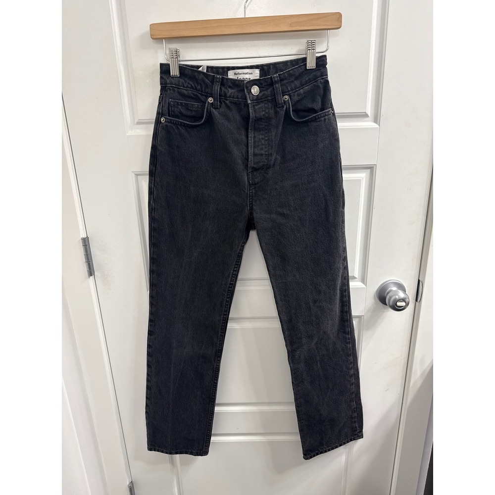 Reformation Cynthia High Rise Straight Leg Jeans Washed Black Charcoal Size 24
